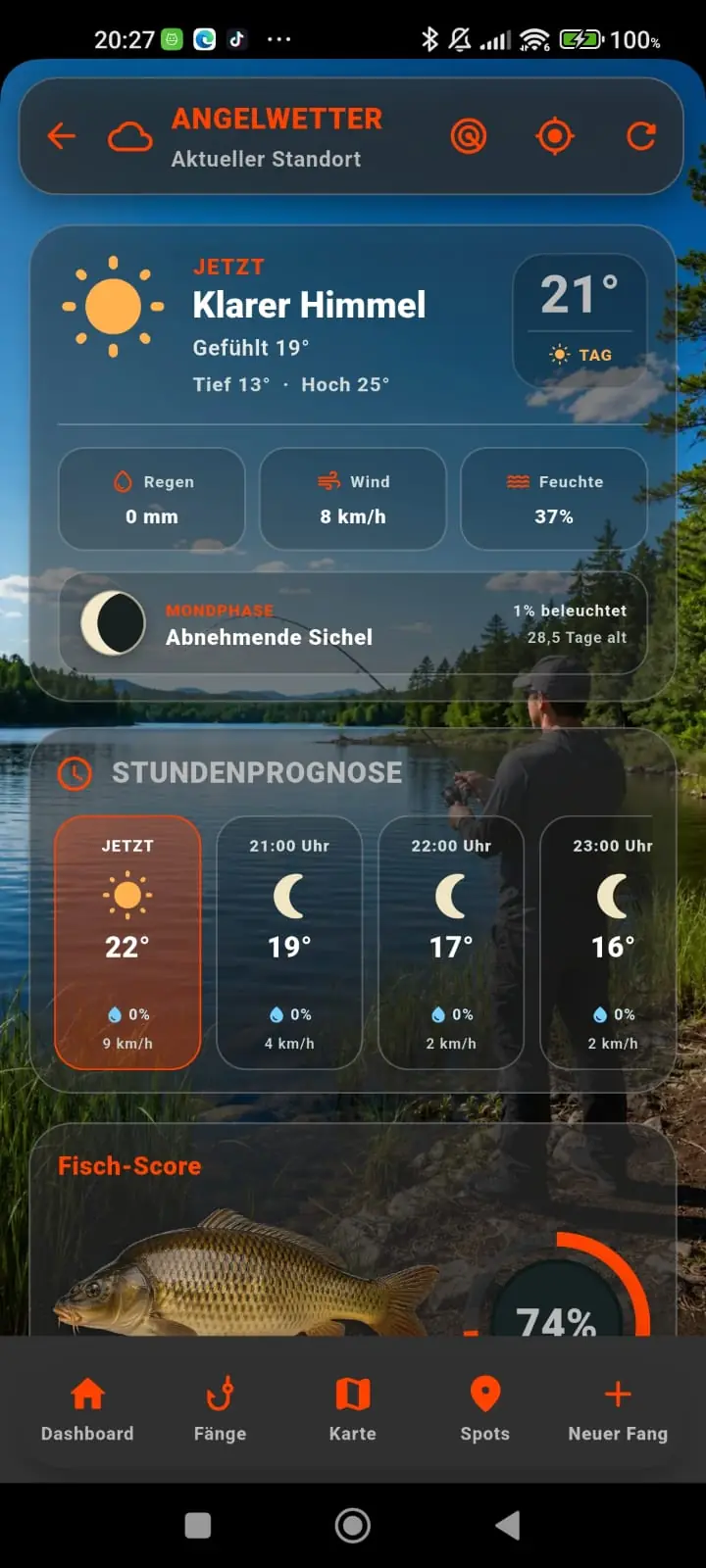 Angelwetter in PetriPad mit Wetterdaten, Mondphase, Prognose und Fischscore