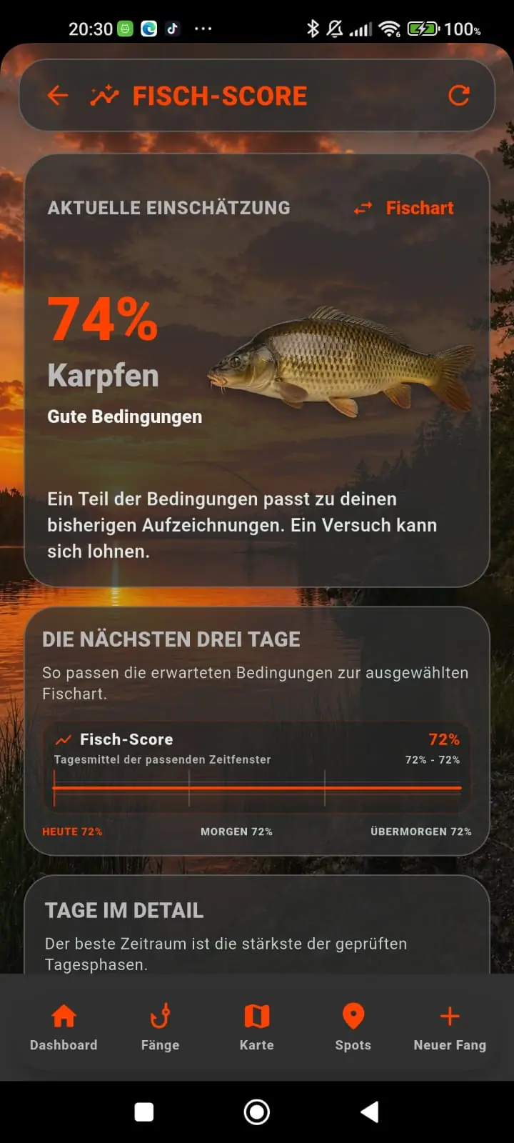 Fischscore in PetriPad mit aktueller Einschätzung und Auswertung für drei Tage